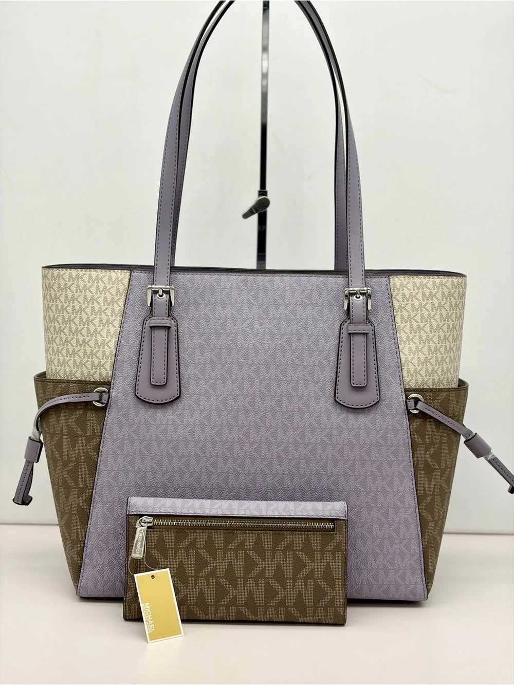 Michael Kors Voyager MK Logo Tote Shoulder Bag with Matching Wallet Lilac Multi